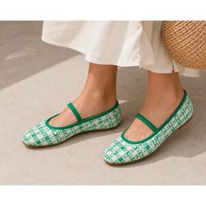 VIVAIA Tamia Mary Jane Green Gingham Knit Flats Shoes Womens EU 38.5 US 7.5